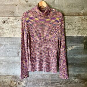 Sundance Womens Ribbed Knit Turtleneck XL‎ Purple Multi Button Shoulder Stretch